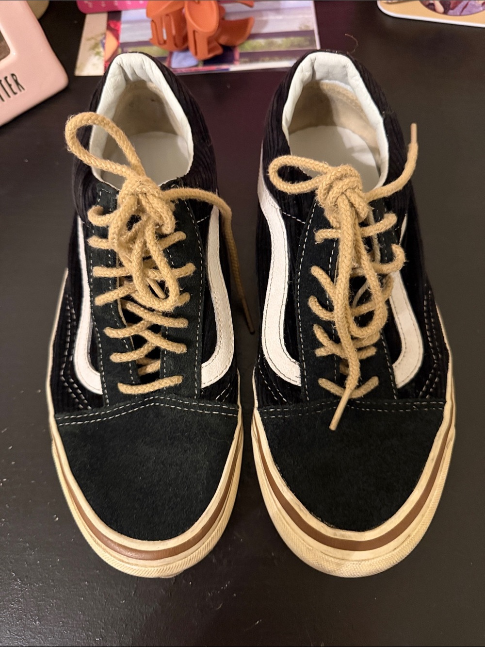 Vans Black Suede Low-Top Sneakers with White Side Stripe and Tan Laces